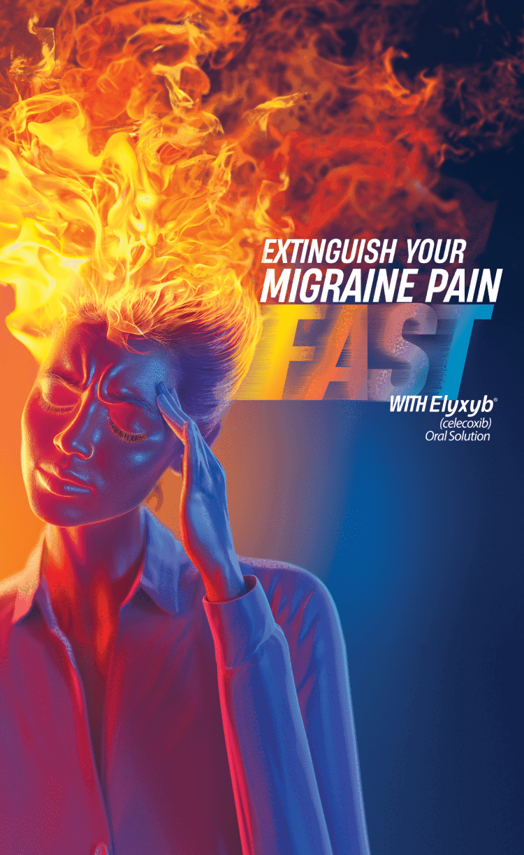 Extinguish your migraine pain fast with ELYXYB® (celecoxib) Oral Solution. On screen, an illustrated woman is shown holding her forehead with migraine pain represented as a raging fire emanating from her head.